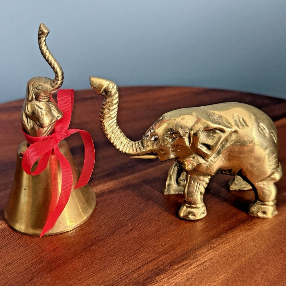 Lot of 2‎ Vintage Brass Elephants Figurine Bell Lucky Trunk Up Trinkets Mini